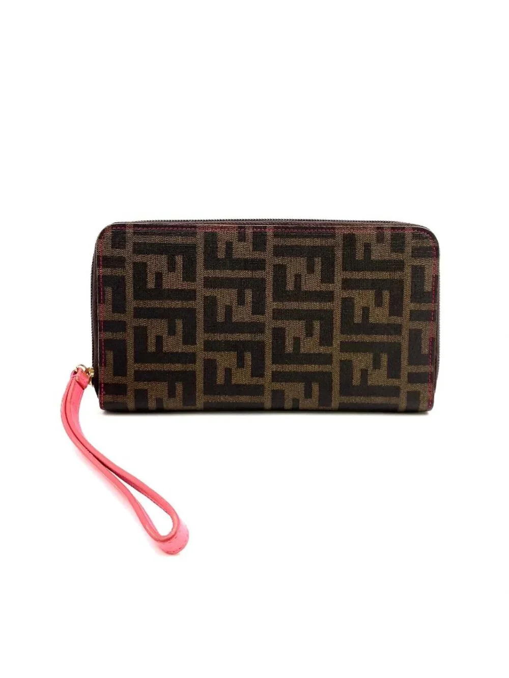 Fendi Zucca Pattern Zip Around Leather Pink Brown Wallet Gold